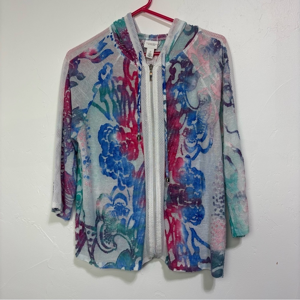 Weekends Chico's Women's Size 2/Lg Full Zip Hooded Lightweight Jacket Colorful